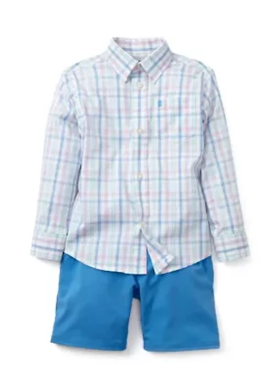 Boys 4-7 Long Sleeve Grid Plaid Shirt and Performance Shorts Set
