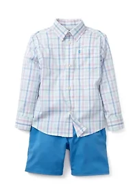 Boys 4-7 Long Sleeve Grid Plaid Shirt and Performance Shorts Set