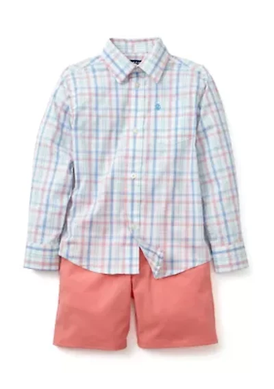 Boys 4-7 Long Sleeve Grid Plaid Shirt and Performance Shorts Set