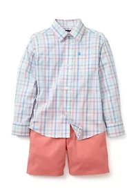 Boys 4-7 Long Sleeve Grid Plaid Shirt and Performance Shorts Set