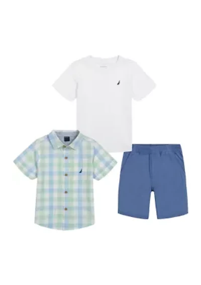Boys 4-7 Plaid Printed Button Down Shirt with T-Shirt and Shorts Set
