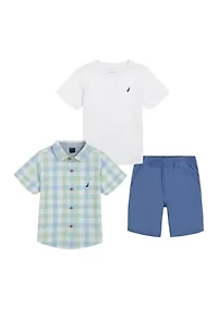 Boys 4-7 Plaid Printed Button Down Shirt with T-Shirt and Shorts Set