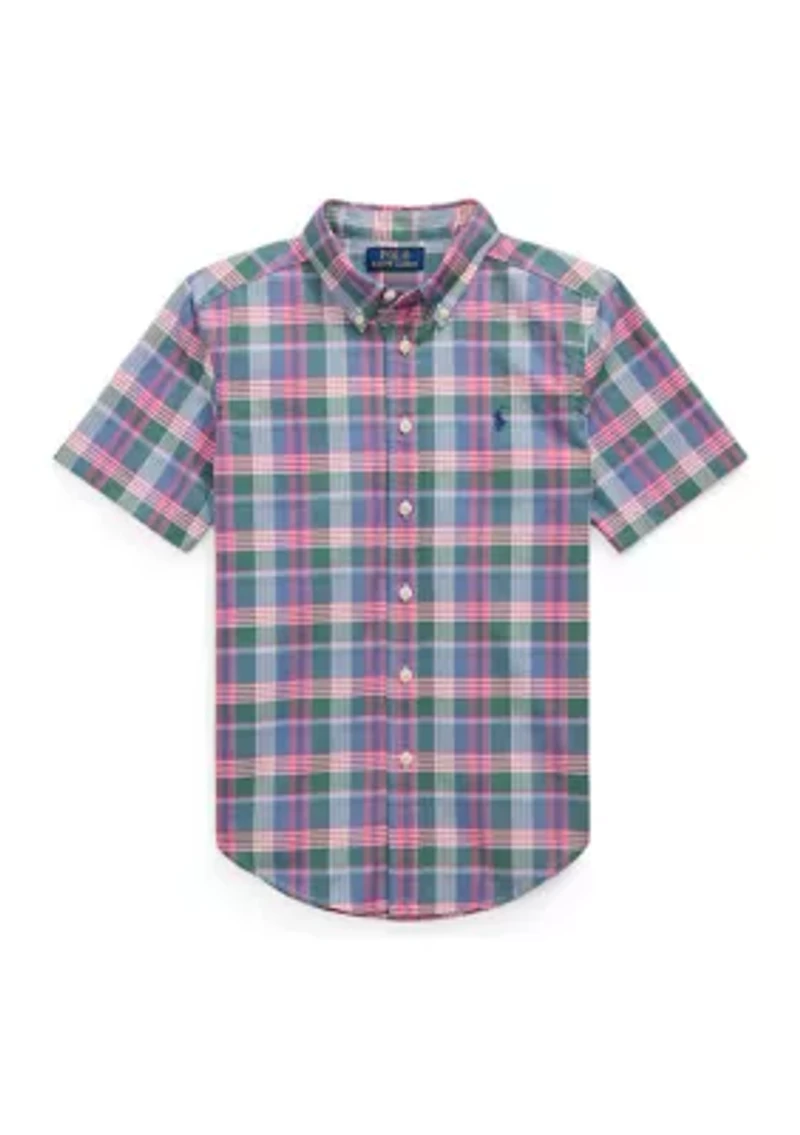 Boys 8-20 Plaid Cotton Oxford Short-Sleeve Shirt