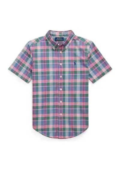 Boys 8-20 Plaid Cotton Oxford Short-Sleeve Shirt