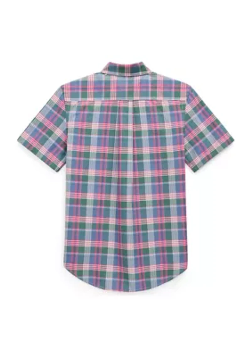 Boys 8-20 Plaid Cotton Oxford Short-Sleeve Shirt