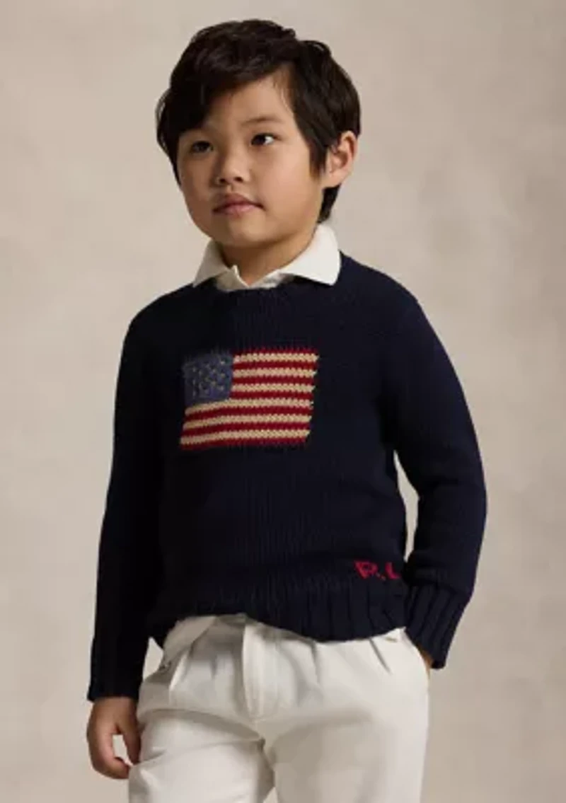 Flag Cotton Crewneck Sweater Boys 4-7