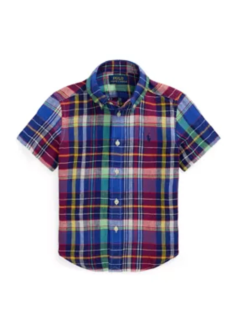 Boys 2-7 Plaid Linen Short Sleeve Shirt
