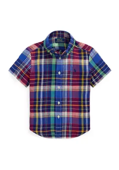 Boys 2-7 Plaid Linen Short Sleeve Shirt