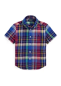 Boys 2-7 Plaid Linen Short Sleeve Shirt