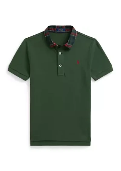 Boys - Plaid-Collar Mesh Polo Shirt