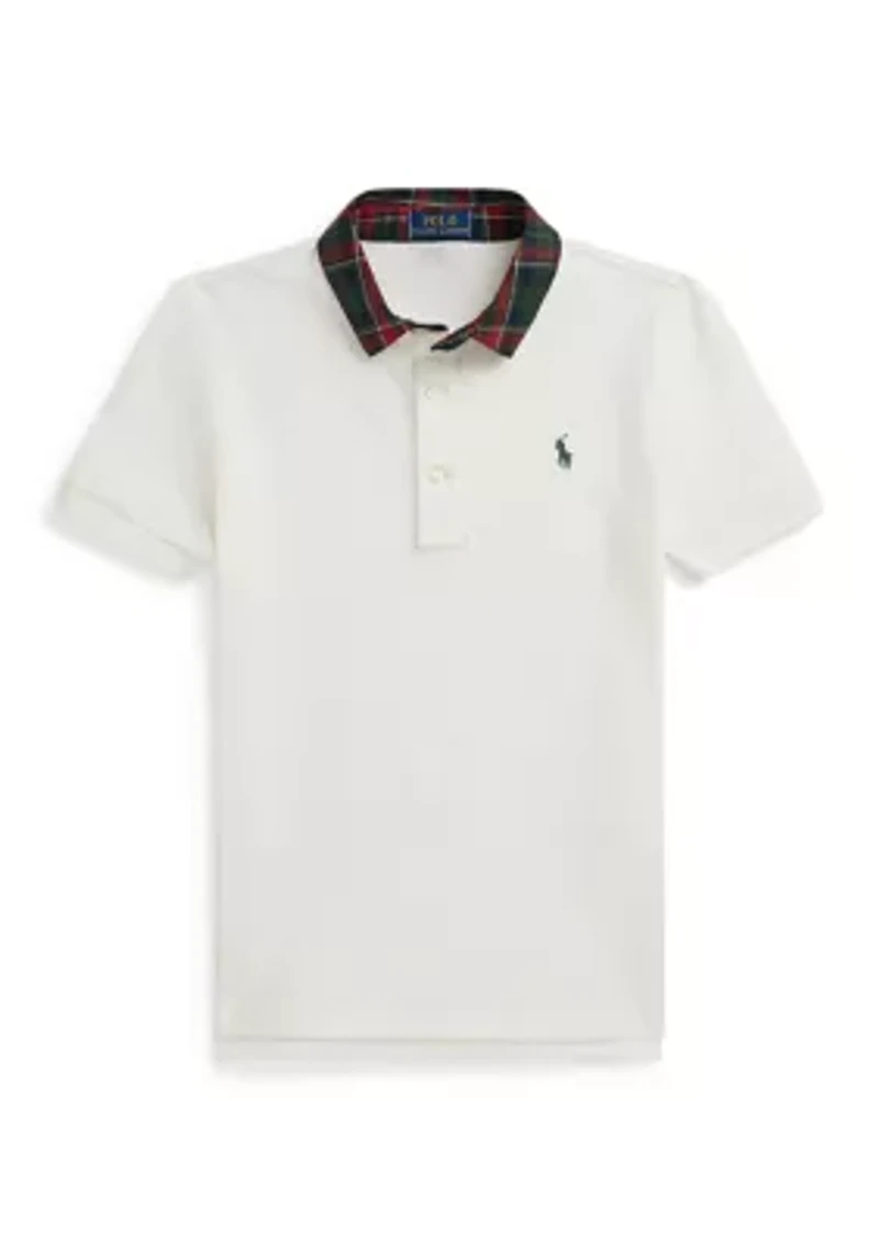 Boys - Plaid-Collar Cotton Mesh Polo Shirt