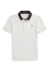 Boys - Plaid-Collar Cotton Mesh Polo Shirt