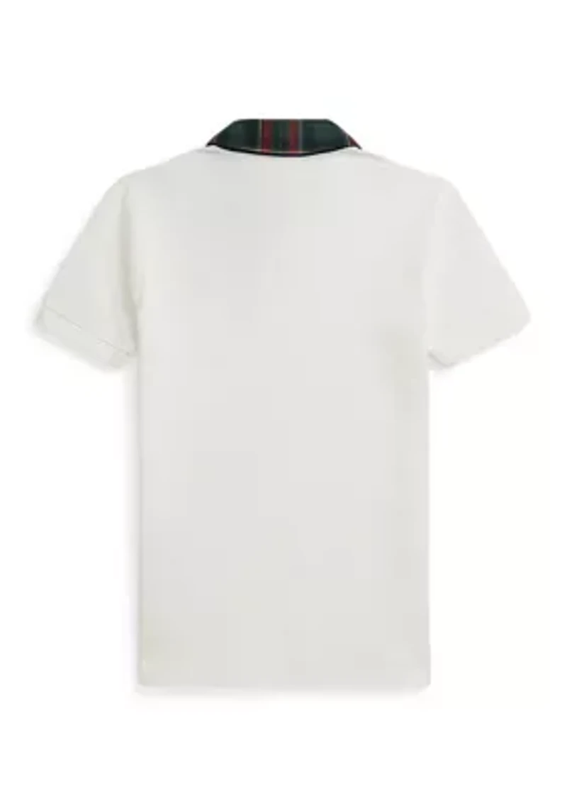 Boys - Plaid-Collar Cotton Mesh Polo Shirt