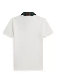 Boys - Plaid-Collar Cotton Mesh Polo Shirt