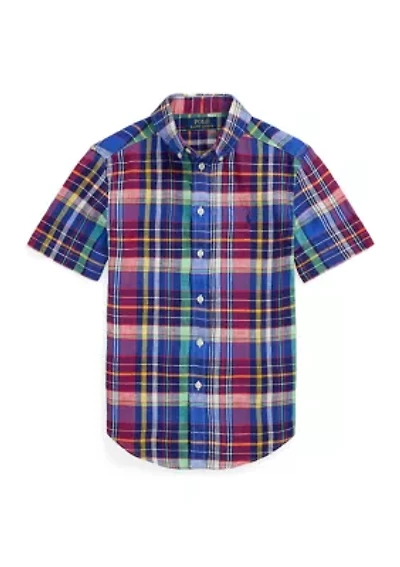 Boys 8-20 Plaid Linen Short-Sleeve Shirt