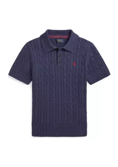 Boys 8-20 Cable Knit Cotton Polo Collar Sweater