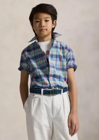 Boys 8-20 Plaid Cotton Oxford Short Sleeve Shirt