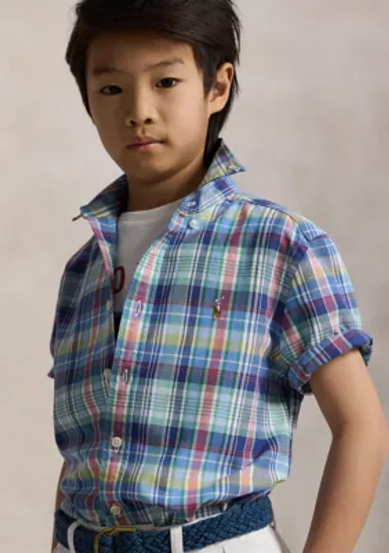Boys 8-20 Plaid Cotton Oxford Short Sleeve Shirt