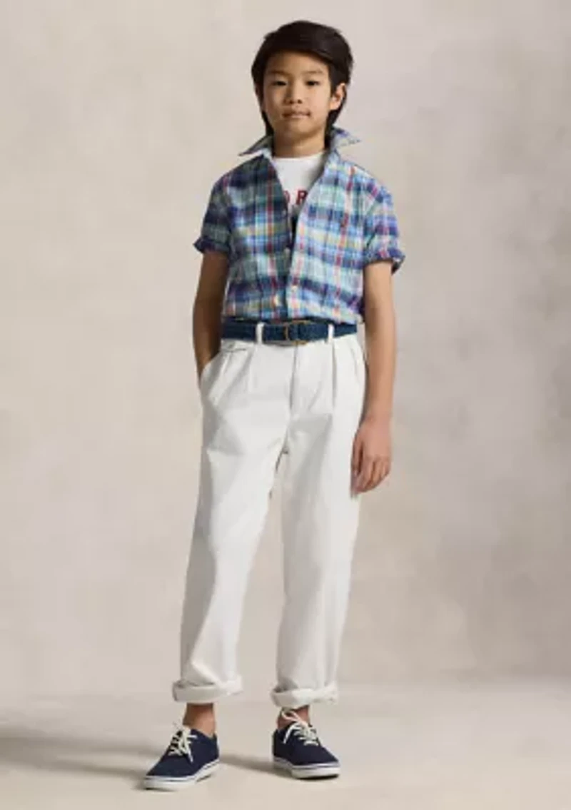 Boys 8-20 Plaid Cotton Oxford Short Sleeve Shirt