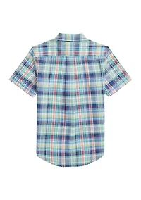 Boys 8-20 Plaid Cotton Oxford Short Sleeve Shirt