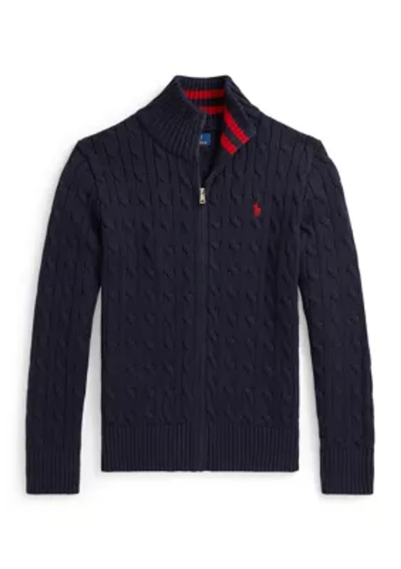 Boys 8-20 Cable-Knit Cotton Full-Zip Sweater