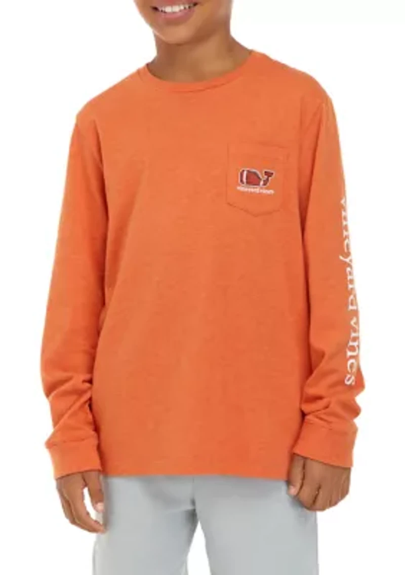 Boys 8-20 Long Sleeve Football Whale Heathered Pocket Graphic T-Shirt