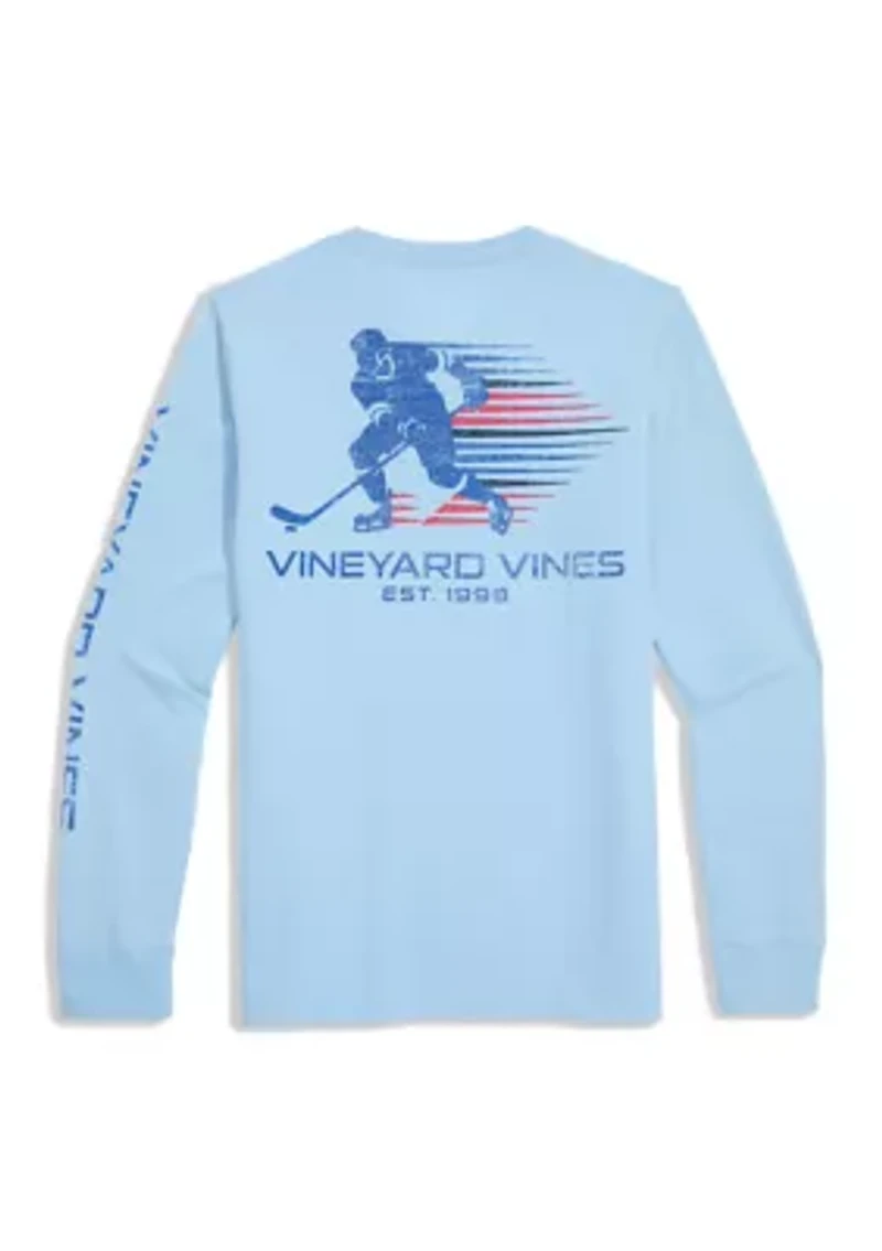 Boys 8-20 Long Sleeve Cotton Retro Hockey Player Graphic T-Shirt