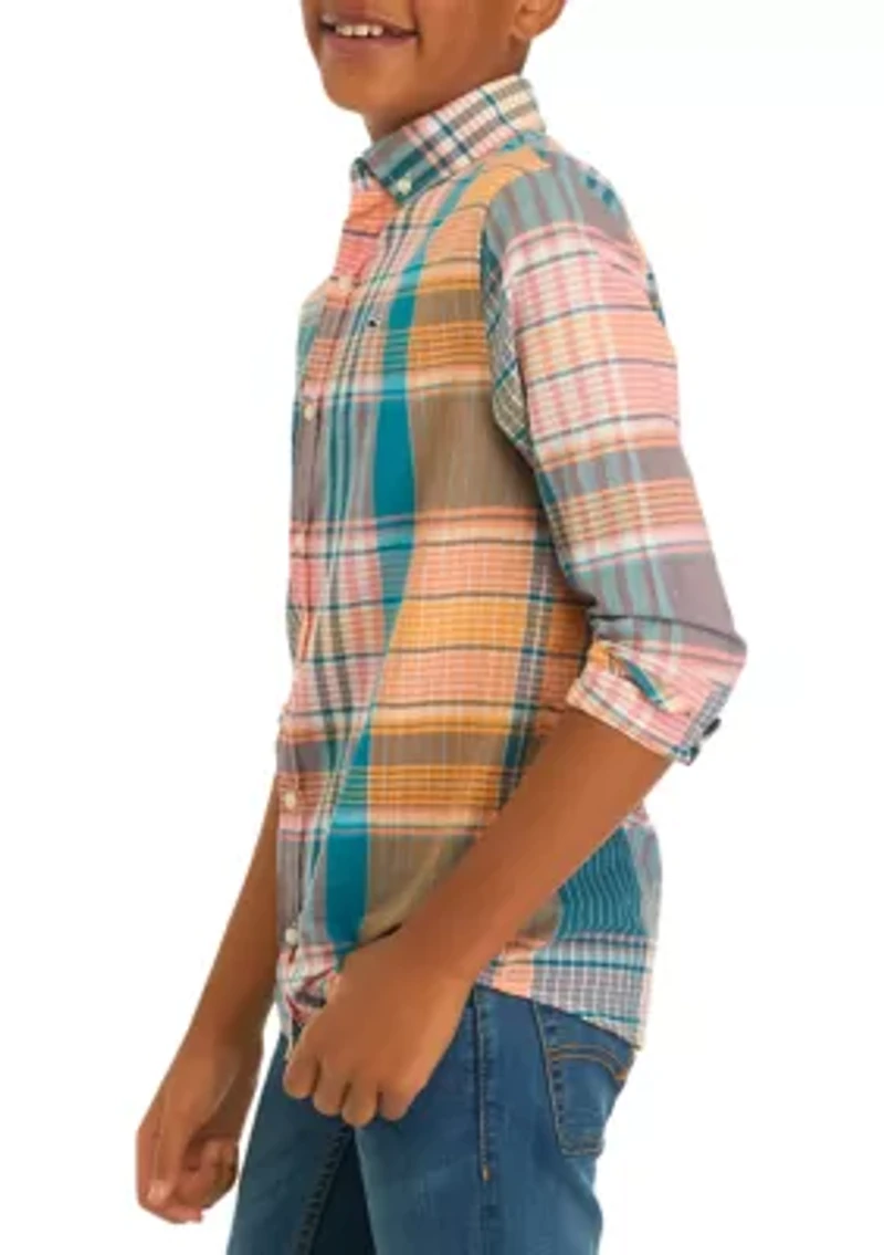 Boys 8-20 Plaid Madras Whale Shirt