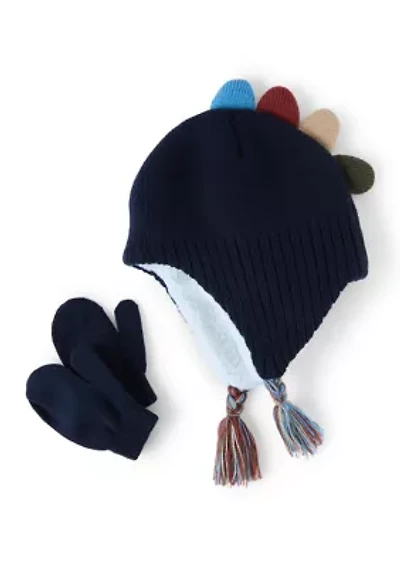 Boys Dinosaur Ear Flap Hat and Mittens