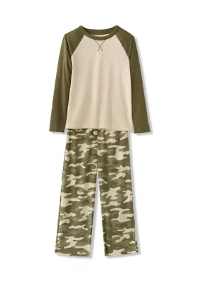 Boy 6-16 Long Color Block Raglan Sleeve Shirt and Camo Pants Pajama Set