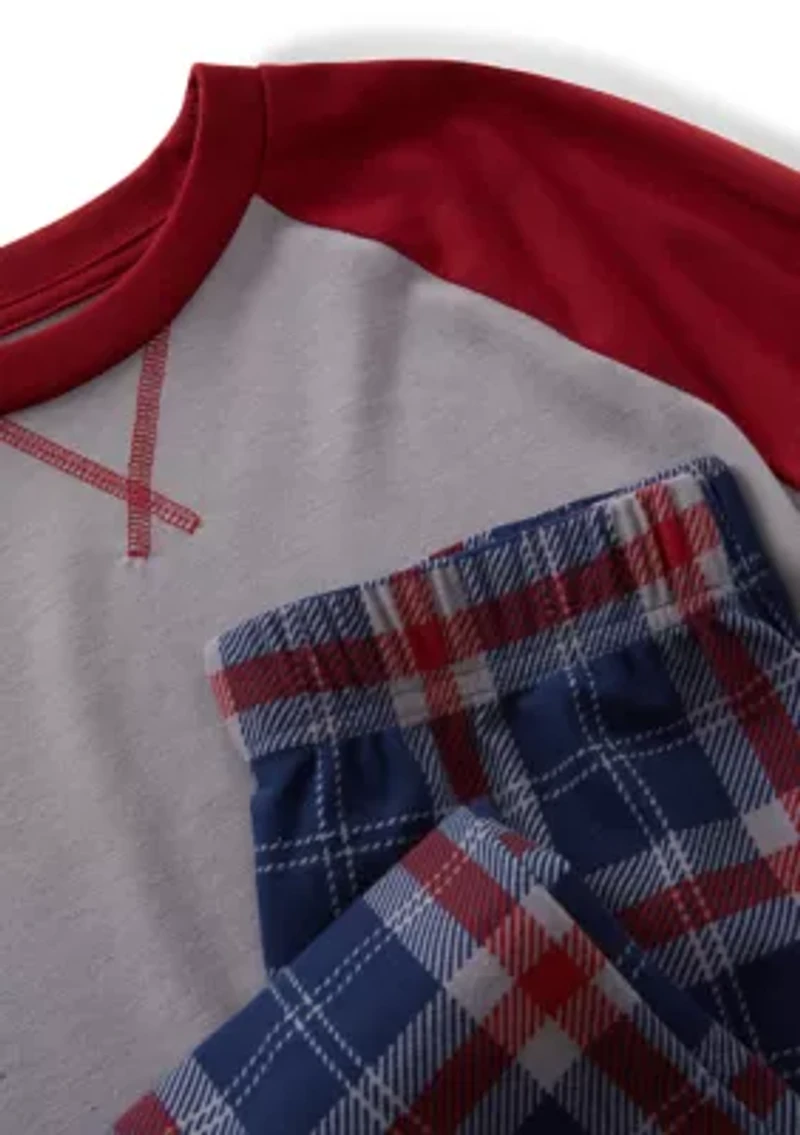 Boys 8-20 Long Color Block Raglan Sleeve Shirt and Plaid Pants Pajama Set