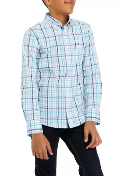 Boys 8-20 Woven Multicolored Gingham Printed Button Down Shirt