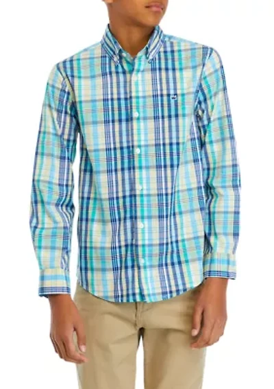 Boys 8-20 Long Sleeve Woven Colorful Madras Plaid Shirt