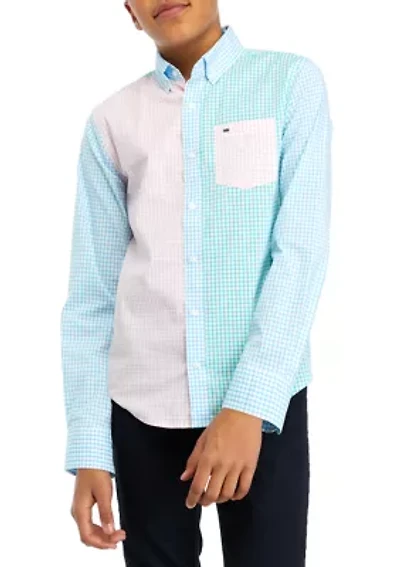 Boys 8-20 Woven Poplin Color Blocked Button Down Shirt