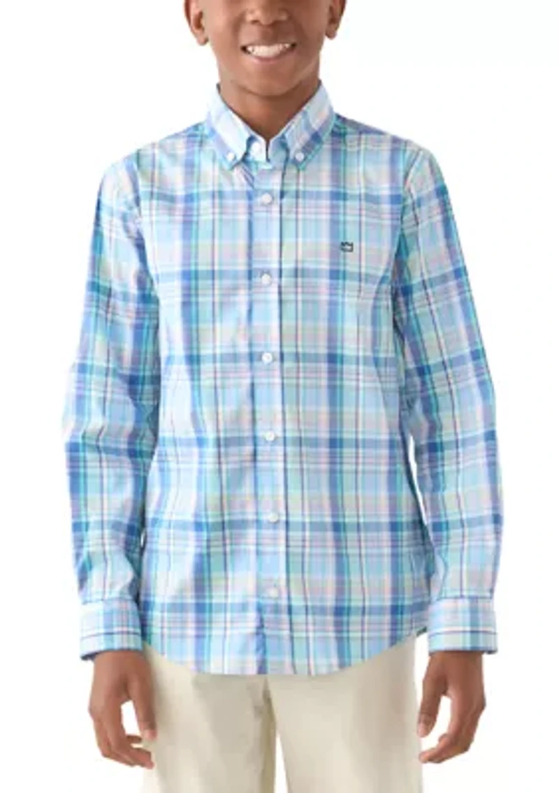 Boys 8-20 Long Sleeve Woven Coastal Plaid Poplin Shirt