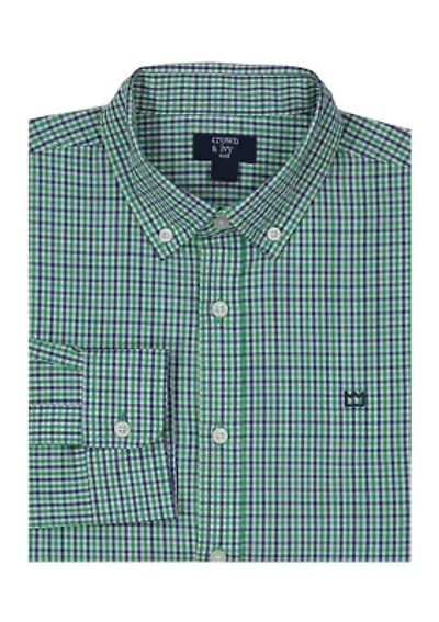 Boys 8-20 Gingham Printed Poplin Shirt
