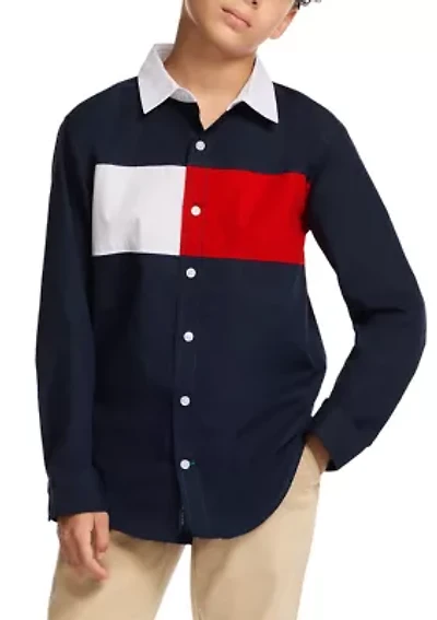 Boys 8-20 Long Sleeve Chest Flag Button Down Shirt