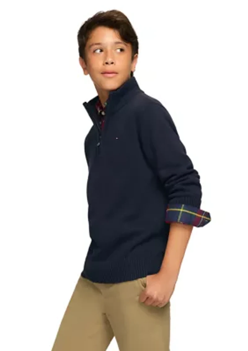 Boys 8-20 1/4 Zip Solid Sweater Knit Pullover