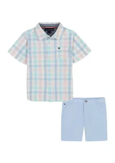 Boys 4-7 Plaid Printed Woven Shirt and Shorts Set