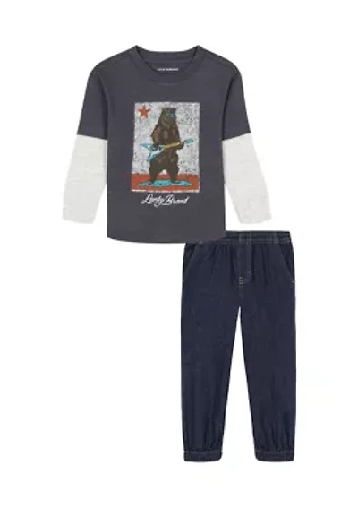 Boys 4-7 2Fer Bear Knit Graphic T-Shirt and Denim Pants Set