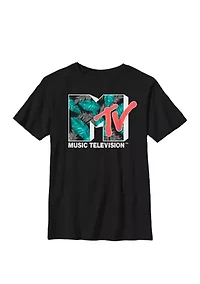 Tropical Neon Turquoise Leaves Logo Crew Graphic T-Shirt
