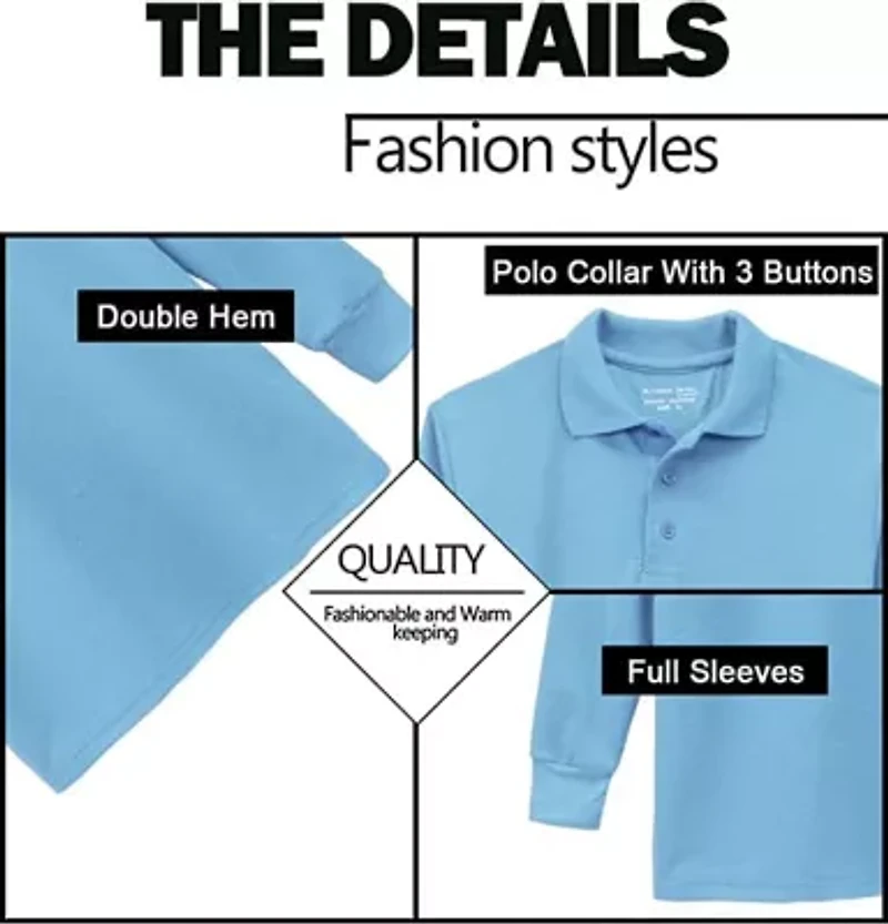 Galaxy Authentic Boy's Slim Fit  Long Sleeve Polo Shirts-3 Pack