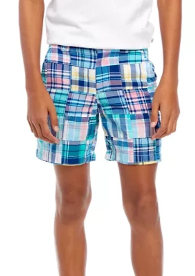 Boys 8-20 Madras Plaid Patch Printed Shorts