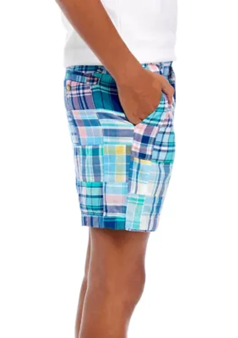 Boys 8-20 Madras Plaid Patch Printed Shorts