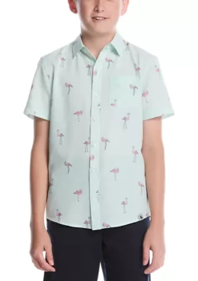 Boys 8-20 Short Sleeve Flamingo Print Woven Shirt