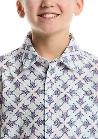 Boys 8-20 Seersucker Geometric Print Shirt