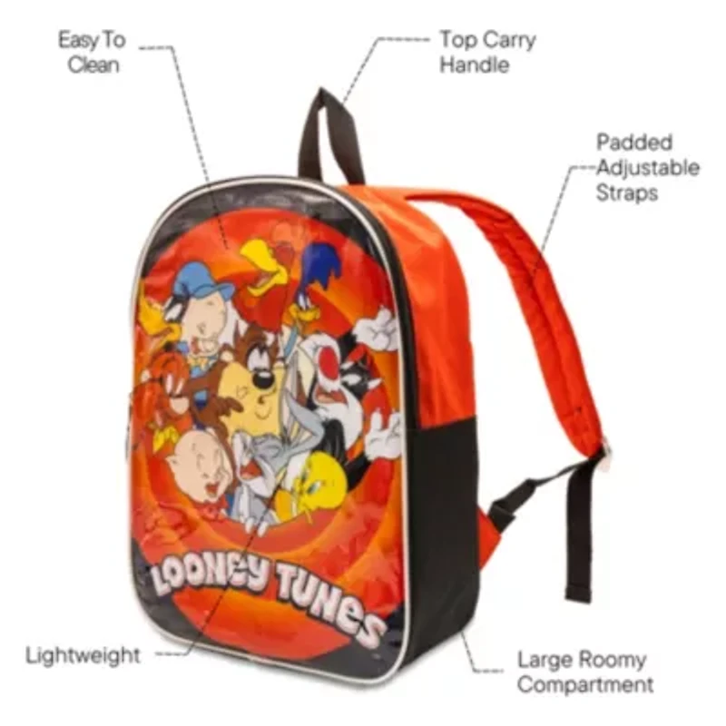 Looney Tunes 15" Boys Backpack With Padded Straps & Zip Compartment - Ideal Toddler Bookbag For School & Travel