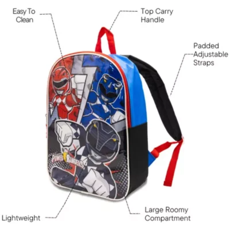 Power Rangers 15" Boys Backpack With Padded Straps & Zip Compartment - Ideal Toddler Bookbag For School & Travel