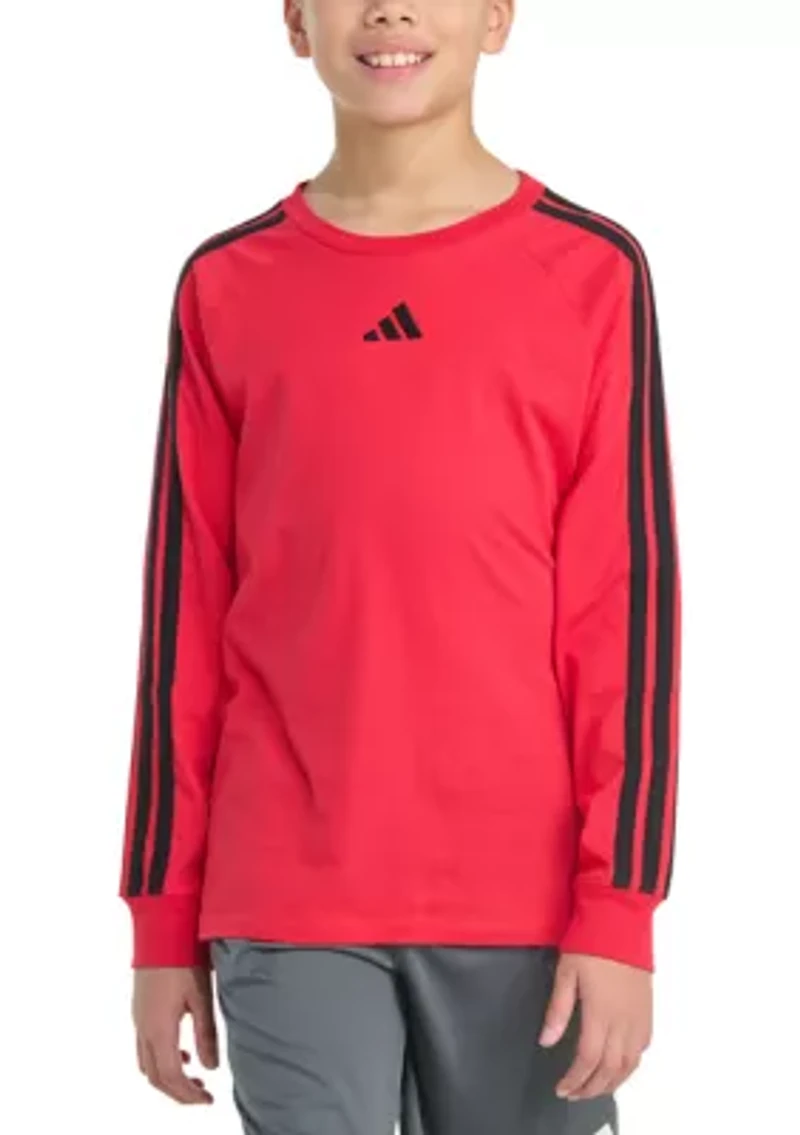 Boys 8-20 Long Sleeve Small Embroidered Logo 3-Stripe T-Shirt