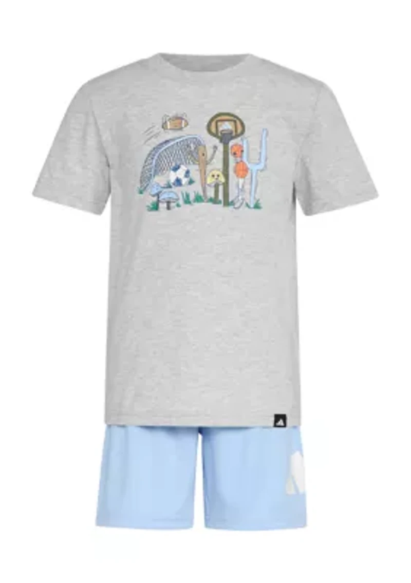 Boys 4-7 Two Piece Short Sleeve Cotton Heather T-Shirt & Elastic Waistband Logo Shorts Set